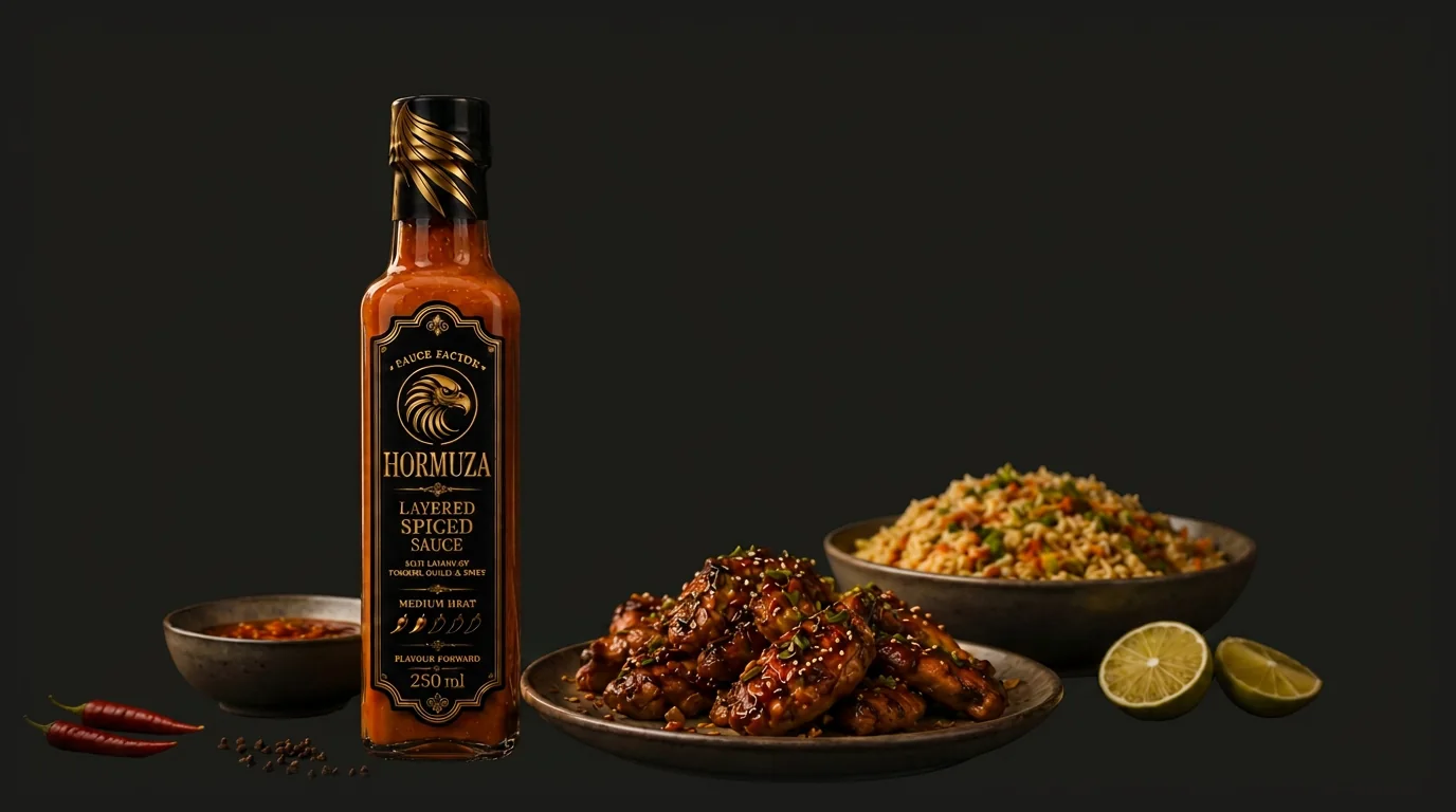 HORMUZA layered spiced tomato sauce with burger, wrap, pasta and bottle