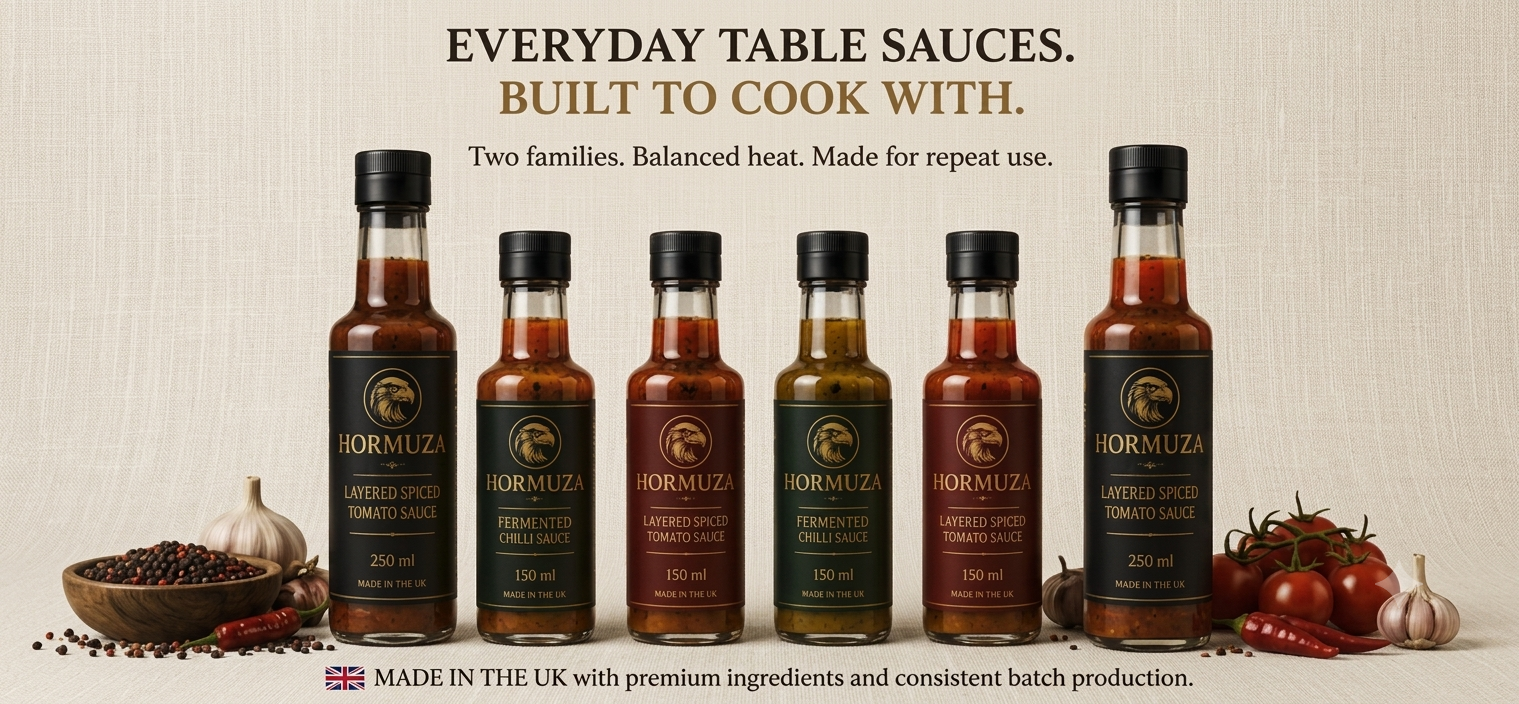 HORMUZA everyday table sauces — layered spiced tomato and fermented chilli bottles
